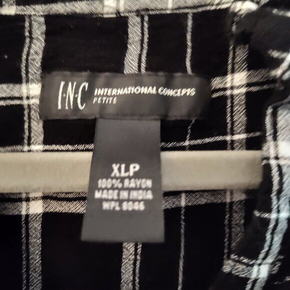 INC Macy's Plaid Ruffle Detail V Neck Blouse XL Petite Black & White Western - Picture 9 of 11